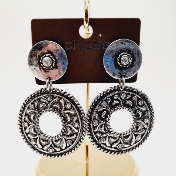 Chico’s Silver Tone Rhinestone Dangle Earrings on Card, 2⅜" Statement Posts - Picture 3 of 6